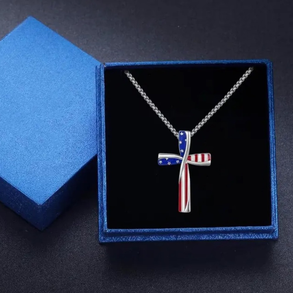 New Silver American Flag Cross Pendant Necklace Red White & Blue
